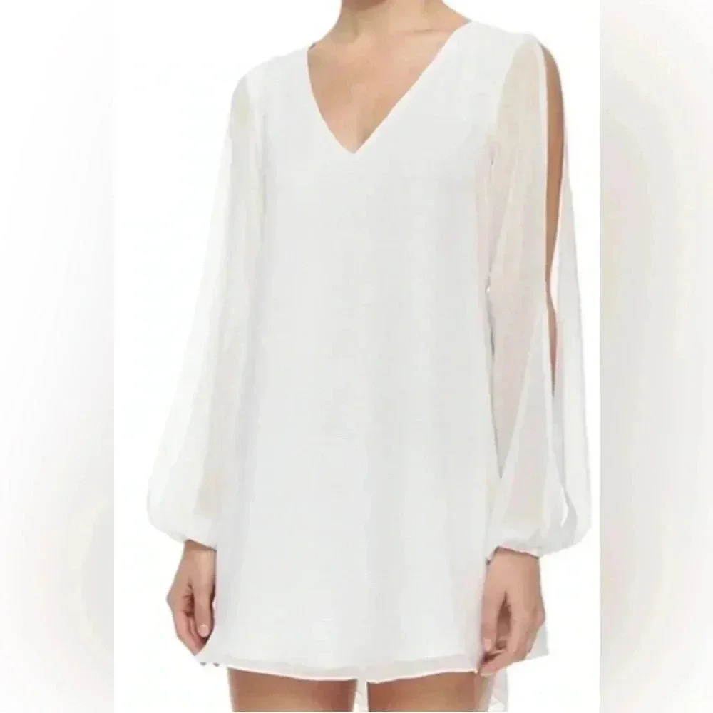 Women LOVERS + FRIENDS White Gracie Slit Sleeve V-Neck Mini Shift Dress Medium